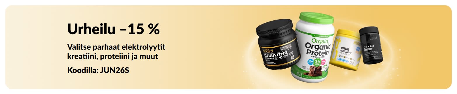 Mainosbanneri, joka tarjoaa –15 % urheiluravinteista. Kuvassa proteiini-, kreatiini- ja pre workout -tuotteita.