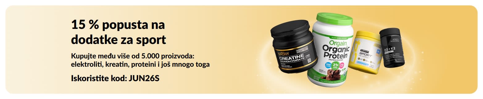 Reklamni natpis koji promovira 15 % popusta na proizvode sportske prehrane, s prikazom proteina, kreatina i dodataka prehrani prije treninga.