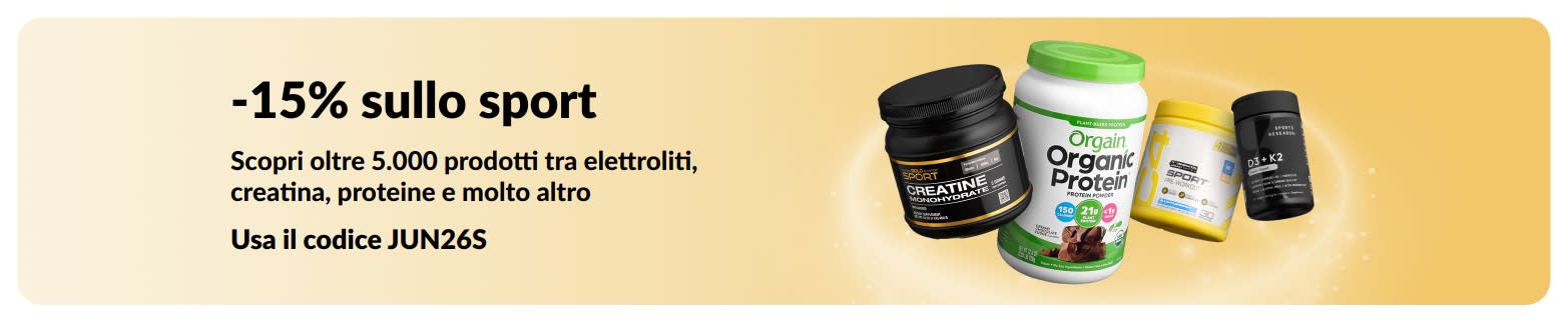 Banner promozionale che offre il 15% di sconto sui prodotti per la nutrizione sportiva, con proteine, creatina e integratori pre-workout.
