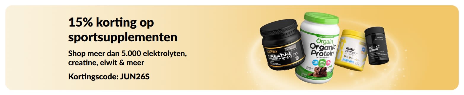 Promotiebanner met 15% korting op sportvoedingsproducten, waaronder eiwit-, creatine- en pre-workoutsupplementen.