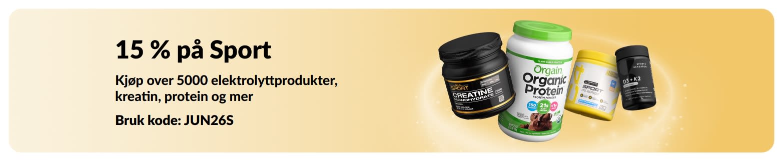 Kampanjebanner som tilbyr 15% rabatt på sportsernæringsprodukter, med protein, kreatin og pre-workout-tilskudd.