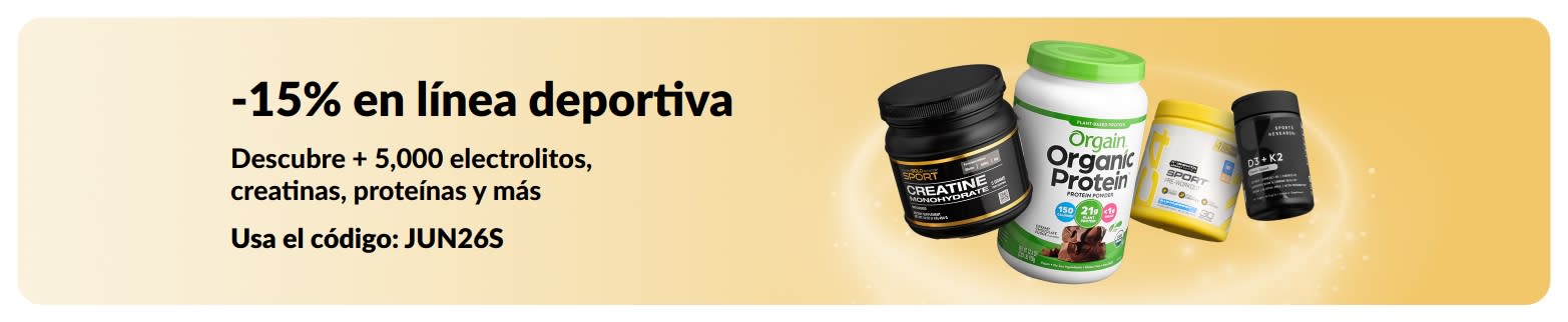 Banner de 15% de descuento en línea deportiva, como proteína, creatina y suplementos preentrenamiento.