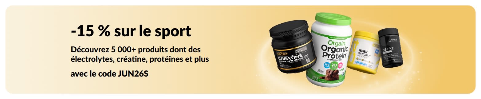 Bannière promo de 15 % sur la nutrition sportive avec les protéines, la créatine et les suppléments pré-entraînement.
