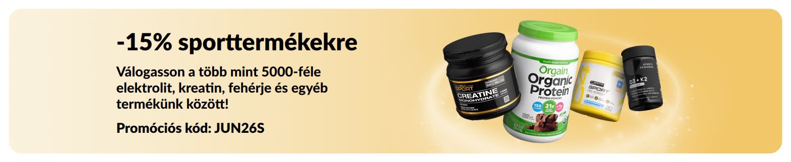 Sporttáplálékkiegészítőkre 15% kedvezményt kínáló banner, amely fehérjét, kreatint és edzés előtti készítményt ábrázol.