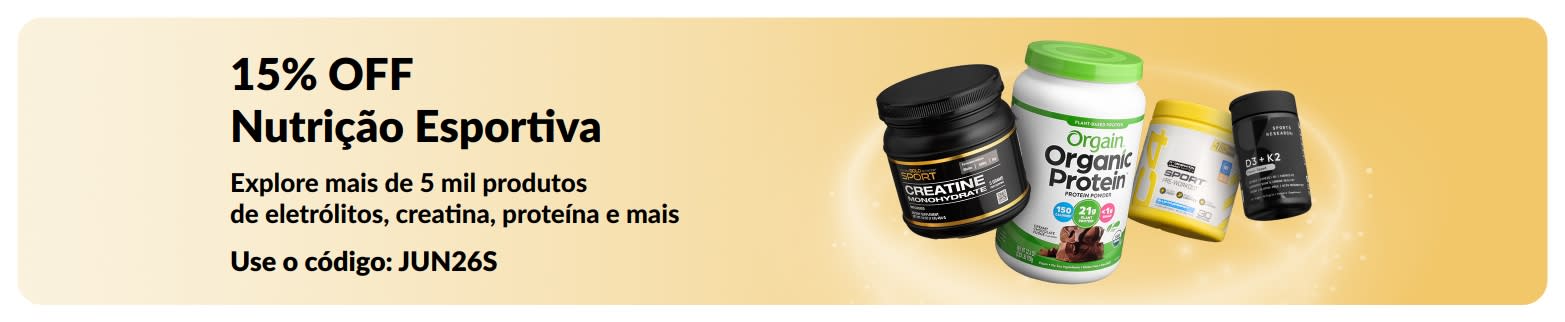 Banner promocional de nutrição esportiva com 15% OFF, destacando proteína, creatina e suplementos pré-treino.