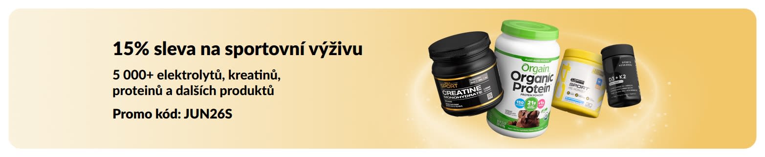 Propagační banner nabízející 15% slevu na produkty sportovní výživy, včetně proteinu, kreatinu a doplňky užívané před cvičením.