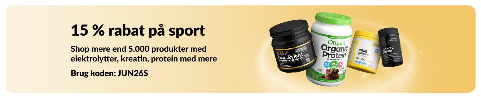 Reklamebanner med 15 % rabat på sportsernæringsprodukter, herunder protein, kreatin og kosttilskud til før-træning