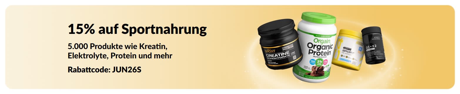 Werbe-Banner mit 15 % Rabatt auf Sportnahrung, wie Proteine, Kreatin und Pre-Workout-Präparate.