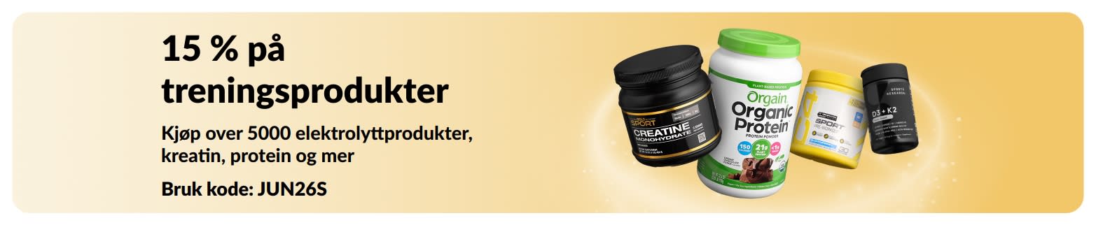 Kampanjebanner som tilbyr 15 % rabatt på sportsernæringsprodukter, med protein, kreatin og pre-workout-tilskudd.