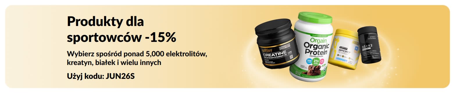 Baner promocyjny oferujący 15% zniżki na odżywki dla sportowców, przedstawiający białko, kreatynę oraz suplementy przedtreningowe.