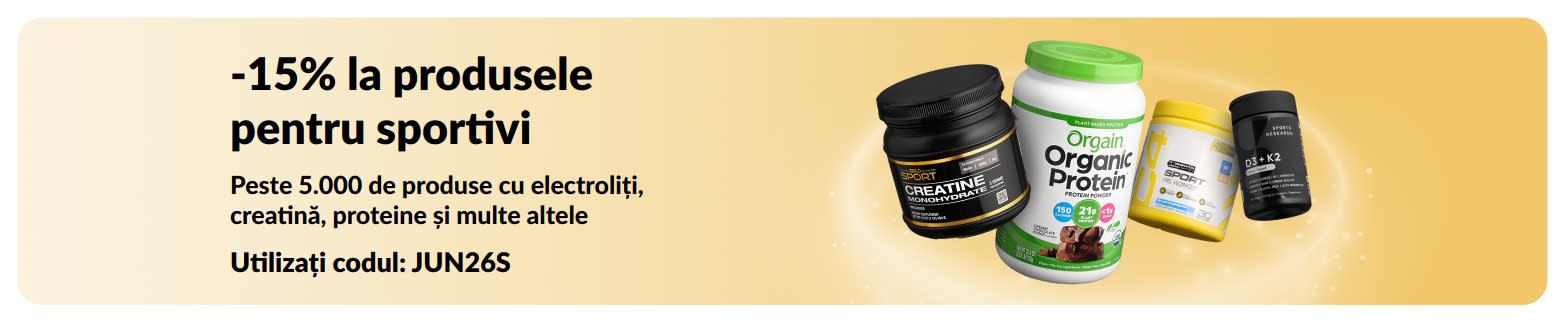 Banner cu 15% reducere la produsele pentru sportivi, precum proteine, creatină și suplimente pre-antrenament.