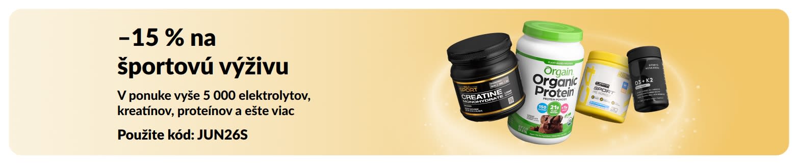 Propagačný baner ponúkajúci 15 % zľavu na produkty športovej výživy vrátane proteínov, kreatínu a predtréningoviek.