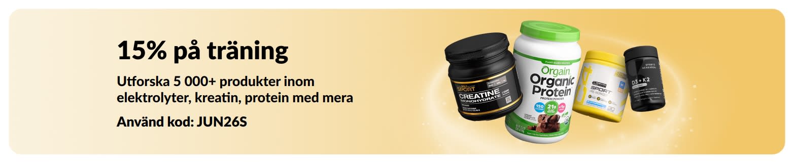 Marknadsföringsbanner som erbjuder 15% på sportnäring, med protein-, kreatin- och pre-workout-tillskott.