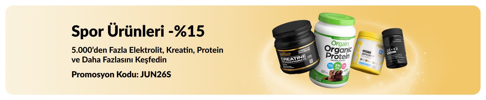 Protein, kreatin ve antrenman öncesi takviyelerin yer aldığı, spor ürünlerinde %15 indirim sunan tanıtım bannerı.