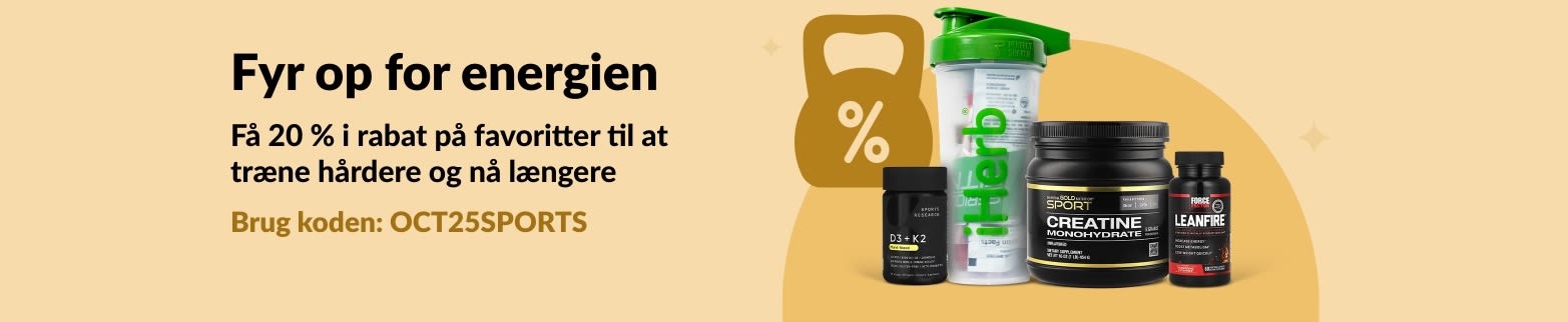 iHerb-banner, der promoverer 20 % i rabat på essentielle sportsernæringsprodukter, herunder kreatin og kosttilskud.