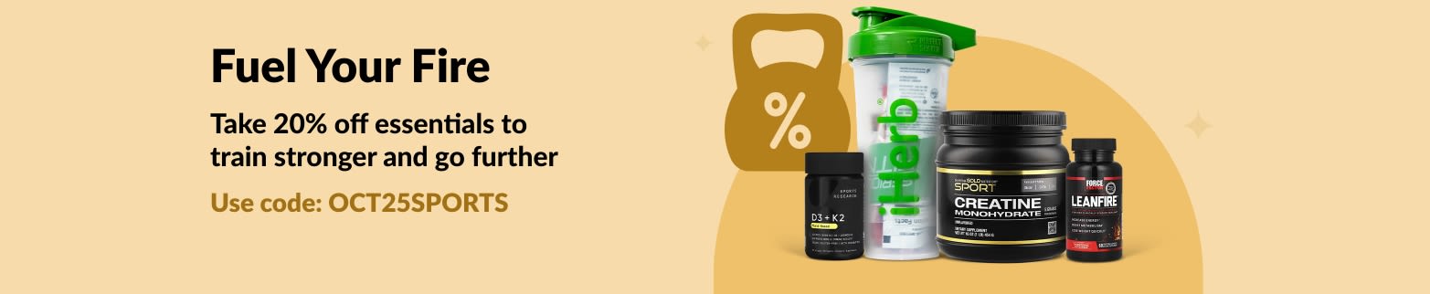 iHerb banner promoting 20% off sports nutrition essentials, featuring creatine, supplements.
