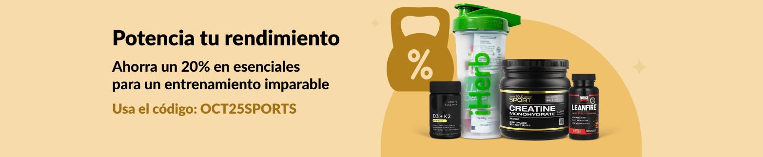 Banner de iHerb promocionando un 20% de descuento en nutrición deportiva, con creatina y suplementos.