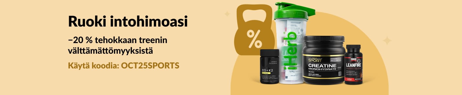 iHerb-banneri, jossa mainostetaan 20 %:n alennusta urheiluravinteista, kuten kreatiinista ja muista lisäravinteista.