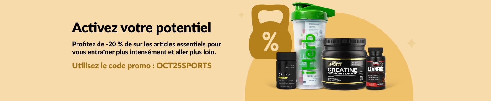 Bannière iHerb promouvant une réduction de 20 % sur les produits nutritionnels essentiels pour le sport, notamment la créatine et les compléments alimentaires.