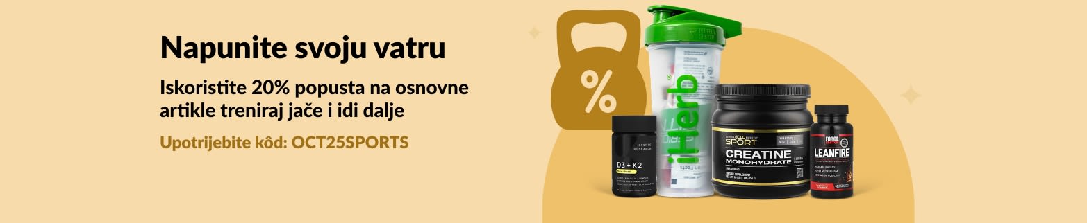 iHerb banner koji promovira 20% popusta na osnovne sportske prehrambene proizvode, uključujući kreatin i dodatke prehrani.