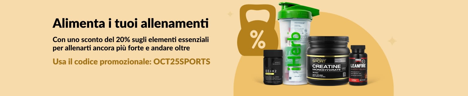 Banner iHerb che promuove uno sconto del 20% sui prodotti essenziali per l'alimentazione sportiva, tra cui creatina e integratori.