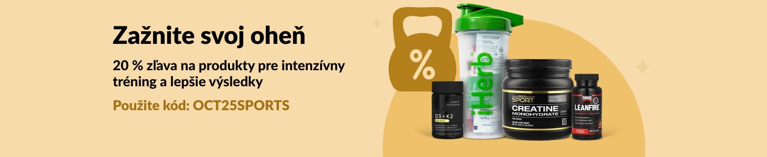 Banner iHerb propagujúci 20 % zľavu na základné športové výživové doplnky, vrátane kreatínu.