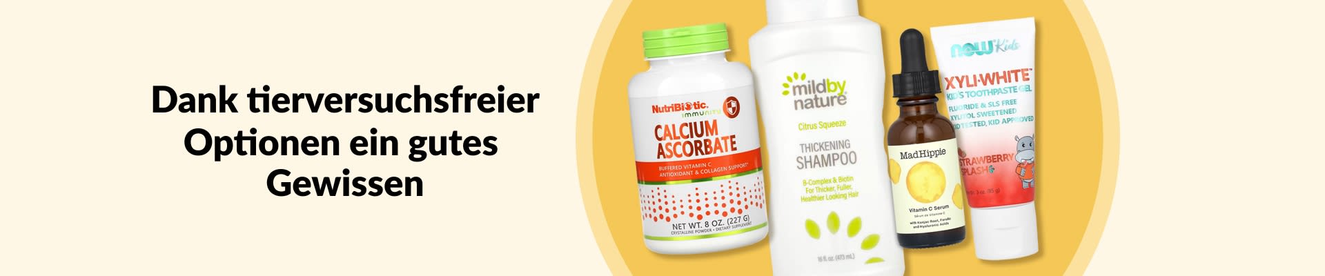 Tierversuchsfreie Produkte, bei denen du ein gutes Gewissen haben kannst – mit Vitamin C, Shampoo, Serum, Kinderzahnpasta und vielem mehr.