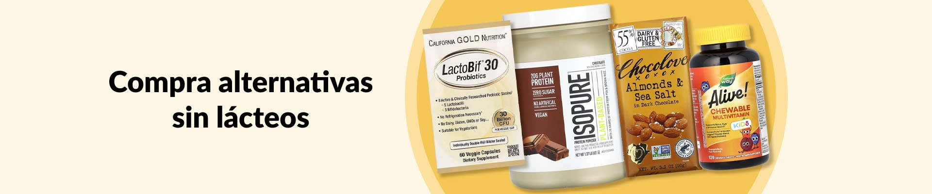 Alternativas sin lácteos: probióticos, proteínas de origen vegetal, chocolate negro con almendras, multivitamínicos, etc.