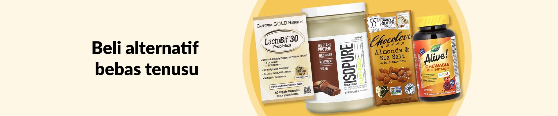Beli alternatif bebas tenusu menampilkan probiotik, protein berasaskan tumbuhan, badam coklat gelap, multivitamin, dan banyak lagi.