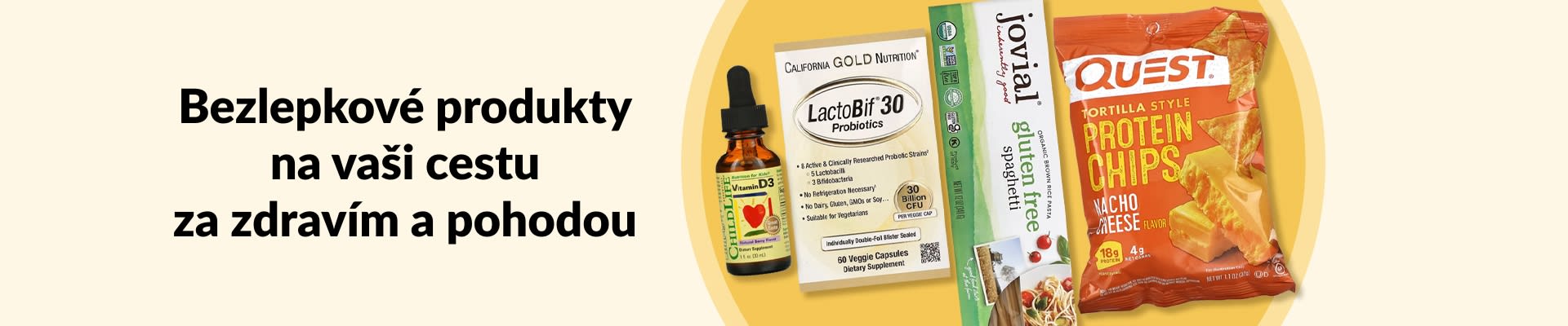 Bezlepkové produkty na cestu za zdravím a pohodou s vitamínem D3, probiotiky, bezlepkovými těstovinami, proteinovými chipsy atd.