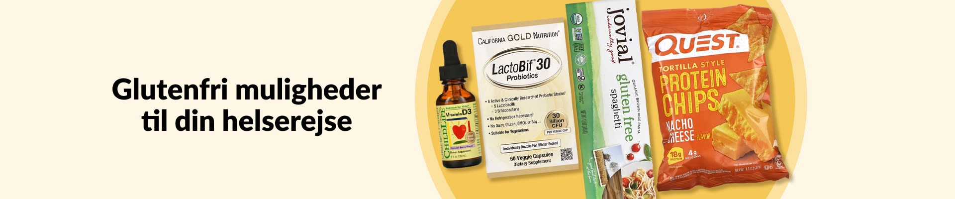Glutenfri muligheder til din helserejse, inklusive D3-vitamin, probiotika, glutenfri pasta, proteinchips og meget mere.
