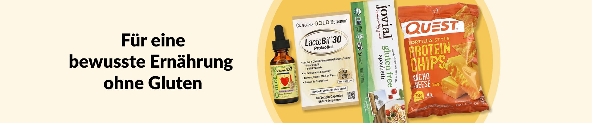 Glutenfreie Produkte für deine Gesundheits-Journey, darunter Vitamin D3, Probiotika, glutenfreie Nudeln, Protein-Chips und vieles mehr.