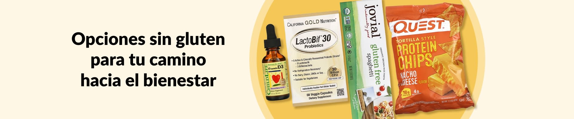 Opciones sin gluten para tu camino hacia el bienestar, con vitamina D3, probióticos, pasta sin gluten, chips proteicos y más.
