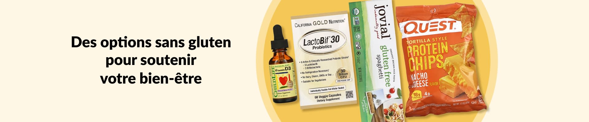 Découvrez des options sans gluten : vitamine D3, probiotiques, pâtes sans gluten, chips protéinées et plus encore.