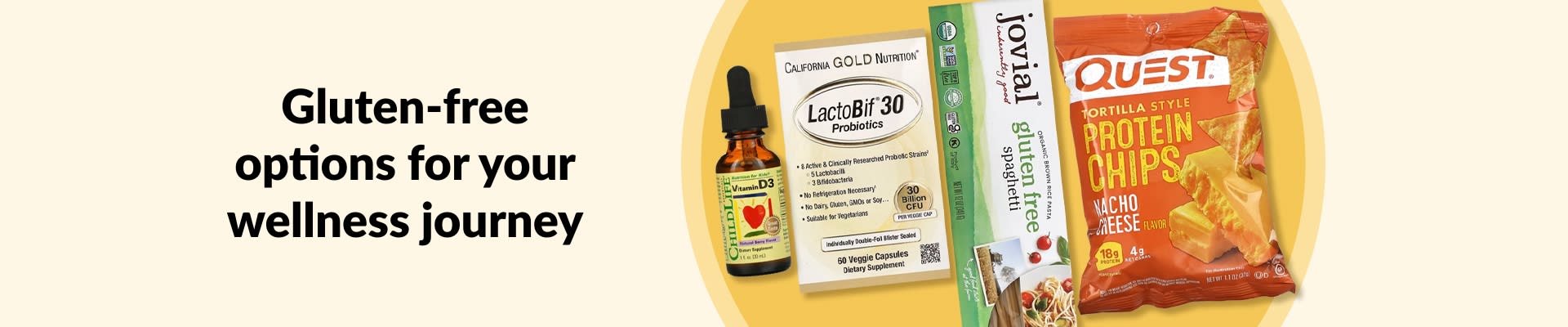 Gluten-free options for your wellness journey, featuring vitamin D3, probiotics, gluten-free pasta, protein chips, and more.