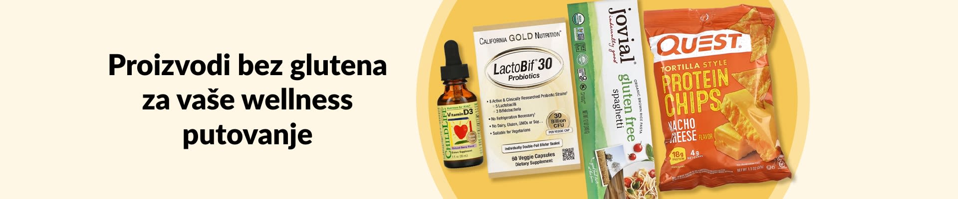 Proizvodi bez glutena za vaše wellness putovanje uključujući vitamin D3, probiotike, bezglutensku tjesteninu, proteinske čipseve i još mnogo toga.