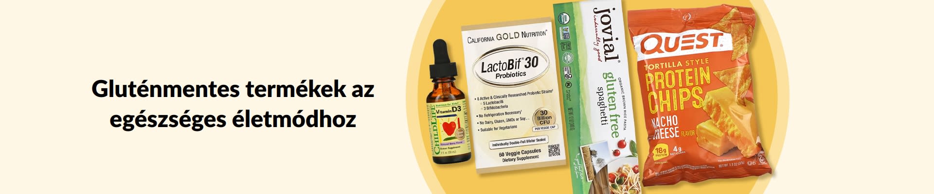 Gluténmentes termékek az egészséges életmódhoz: D3-vitamin, probiotikumok, gluténmentes tészta, fehérjés chipsek és még sok más.