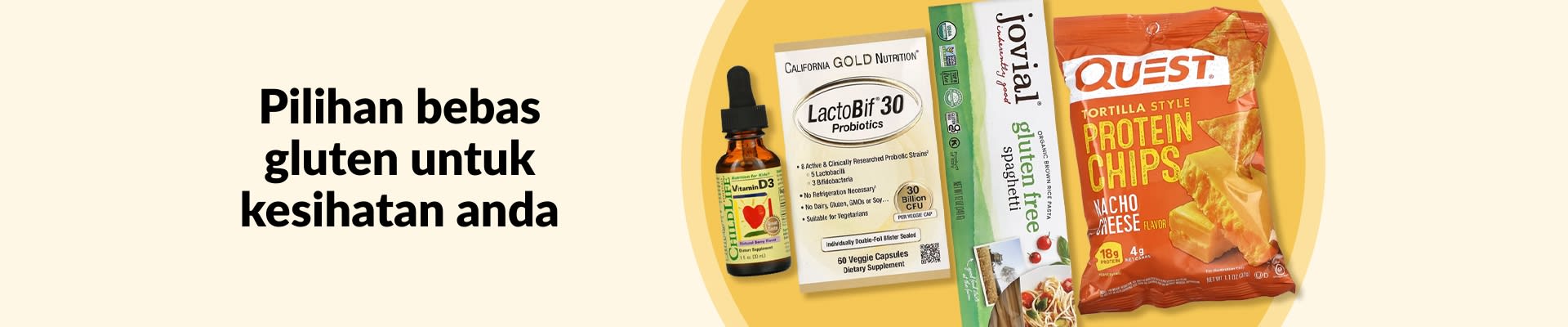 Pilihan bebas gluten untuk kesihatan anda, menampilkan vitamin D3, probiotik, pasta bebas gluten, kerepek kentang, dan banyak lagi.