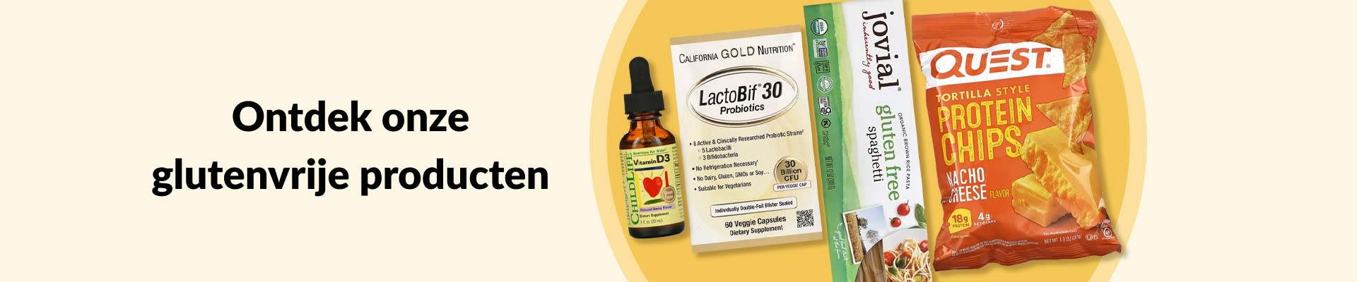 Glutenvrije opties voor jouw gezondheidsreis, met onder andere vitamine D3, probiotica, glutenvrije pasta en proteïnechips.