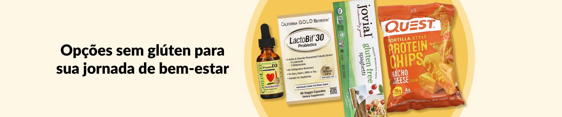 Opções sem glúten para sua jornada de bem-estar, incluindo vitamina D3, probióticos, macarrão sem glúten, chips de proteína e mais.