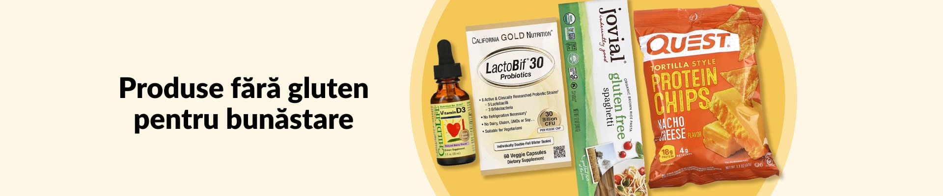 Banner „Produse fără gluten pentru bunăstare”, cu vitamina D3, probiotice, paste, chipsuri proteice și multe altele.