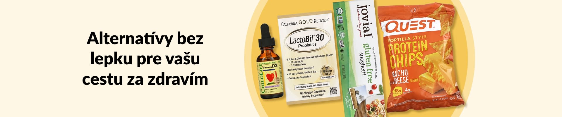 Alternatívy bez lepku pre vašu cestu za zdravím vrátane vitamínu D3, probiotík, bezlepkových cestovín, proteínových čipsov a podobne.