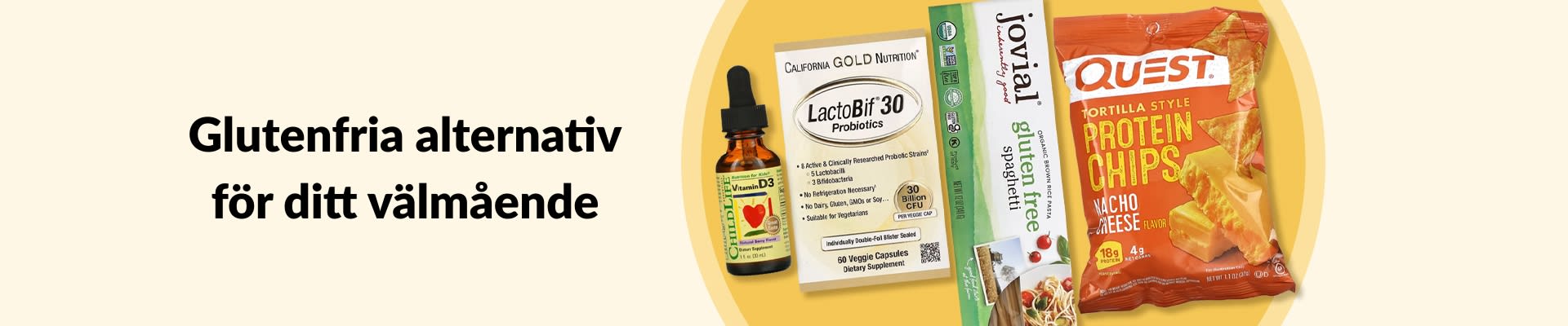 Glutenfria alternativ för ditt välmående, med vitamin D3, probiotika, glutenfri pasta, proteinchips med mera.