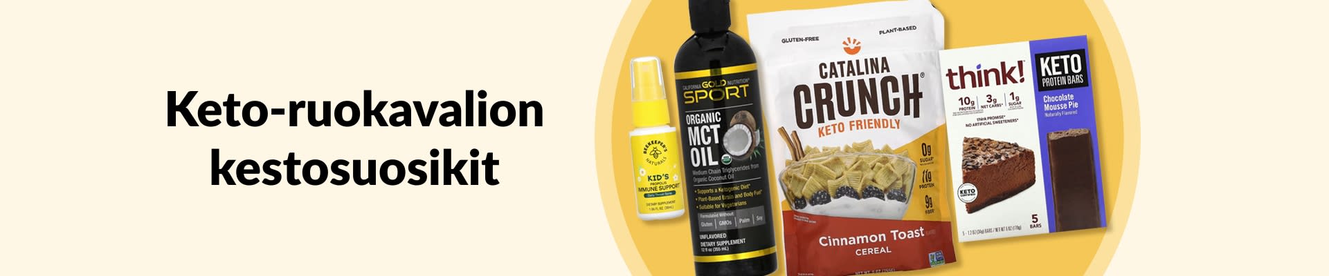 Osta keto-ruokavalion kestosuosikit: kuvassa MCT-öljyä, keto-muroja, keto-proteiinipatukoita ja hyvinvointituotteita.