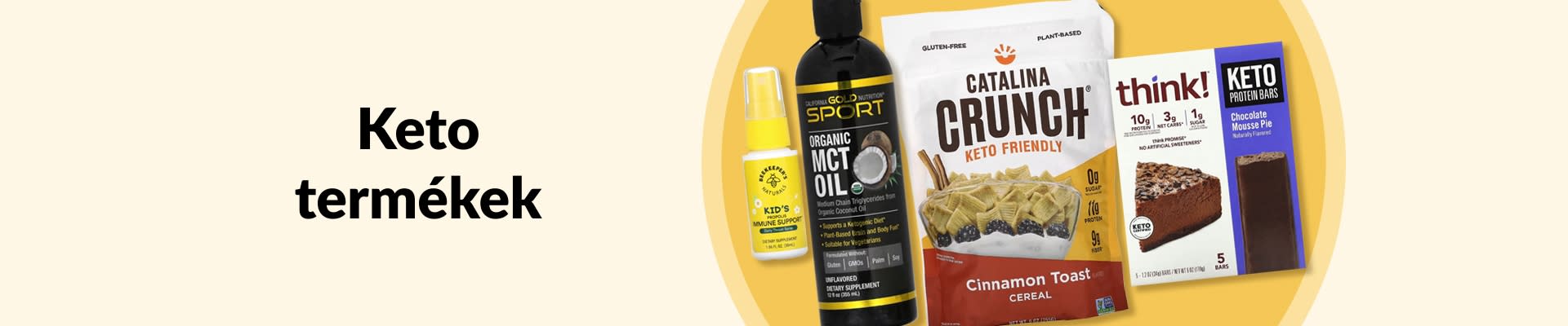 Keto termékek: MCT-olaj, keto müzli, keto proteinszeletek, egészségmegőrző termékek és még sok más.
