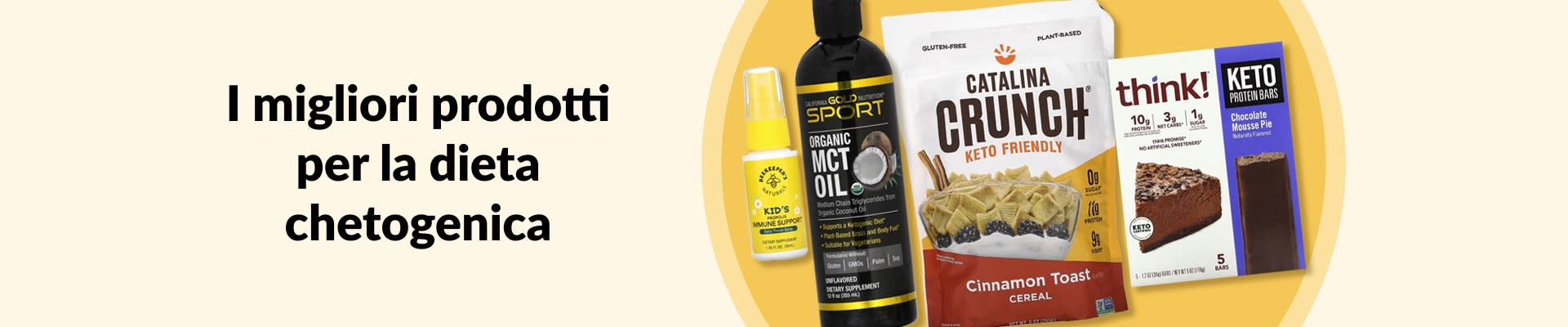 Scopri i migliori prodotti Keto, con olio MCT, cereali keto, barrette proteiche keto, prodotti per il benessere e altro ancora.