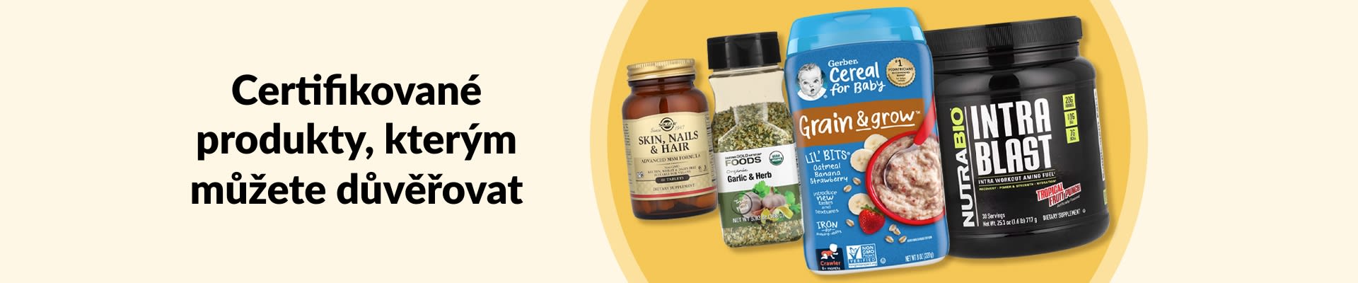 Certifikované produkty, kterým můžete důvěřovat, včetně doplňků stravy, bio česnekového koření, dětských cereálií a dalších.