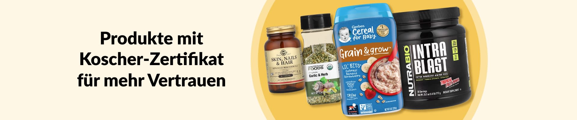 Entdecke zertifizierte Produkte, denen du vertrauen kannst, darunter Nahrungsergänzungsmittel, Bio-Knoblauch-Kräutergewürz, Babybrei und vieles mehr.