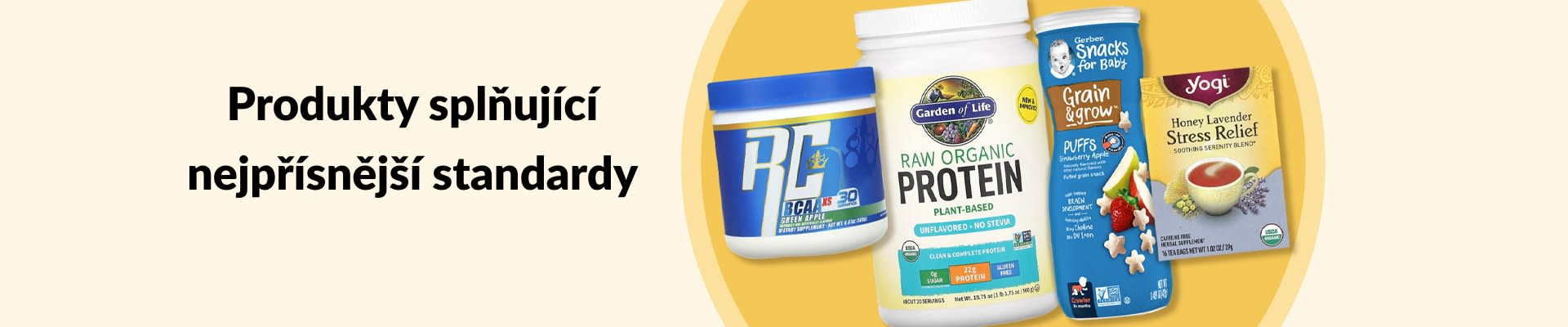 Produkty splňující nejpřísnější standardy, včetně BCAA, organického proteinu, dětských svačinek, čaje a dalších produktů.