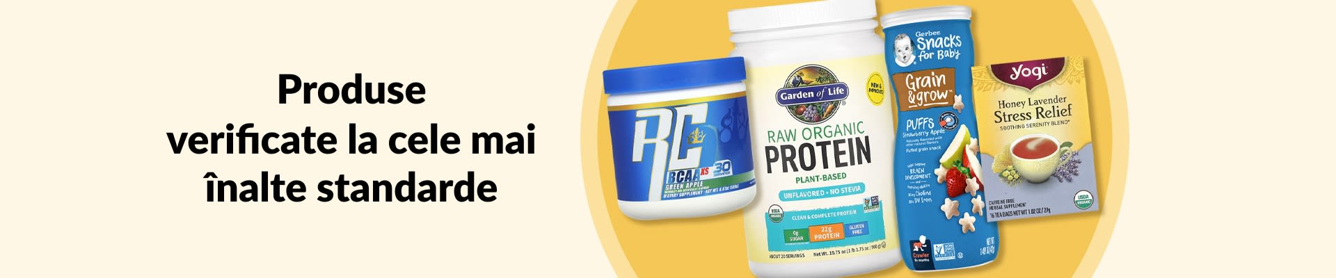 Banner „Produse verificate la cele mai înalte standarde”, cu BCAA, proteine bio, gustări pentru bebeluși, ceai și altele.
